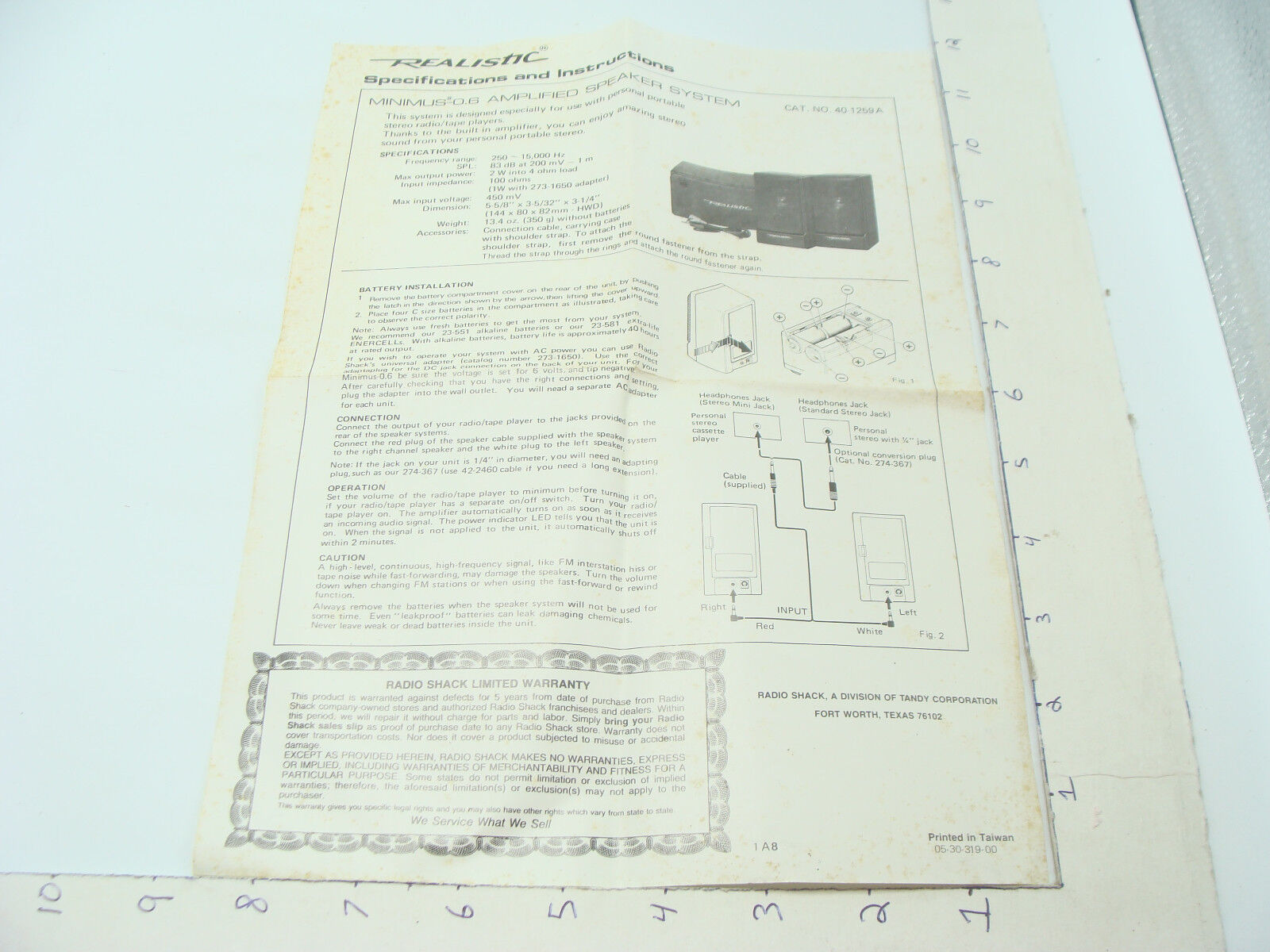 vintage original paper: REALISTIC - Specification & Instructions - MINIMUS-0.6 