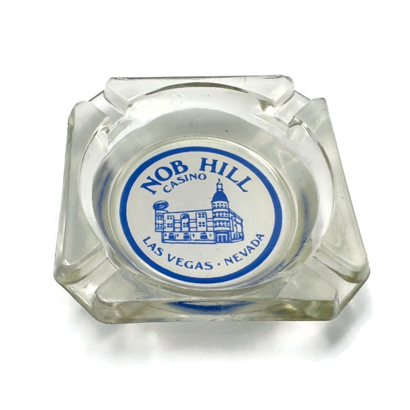 Vintage Blue And White Nob Hill Casino Las Vegas Nevada Clear Glass Ashtray