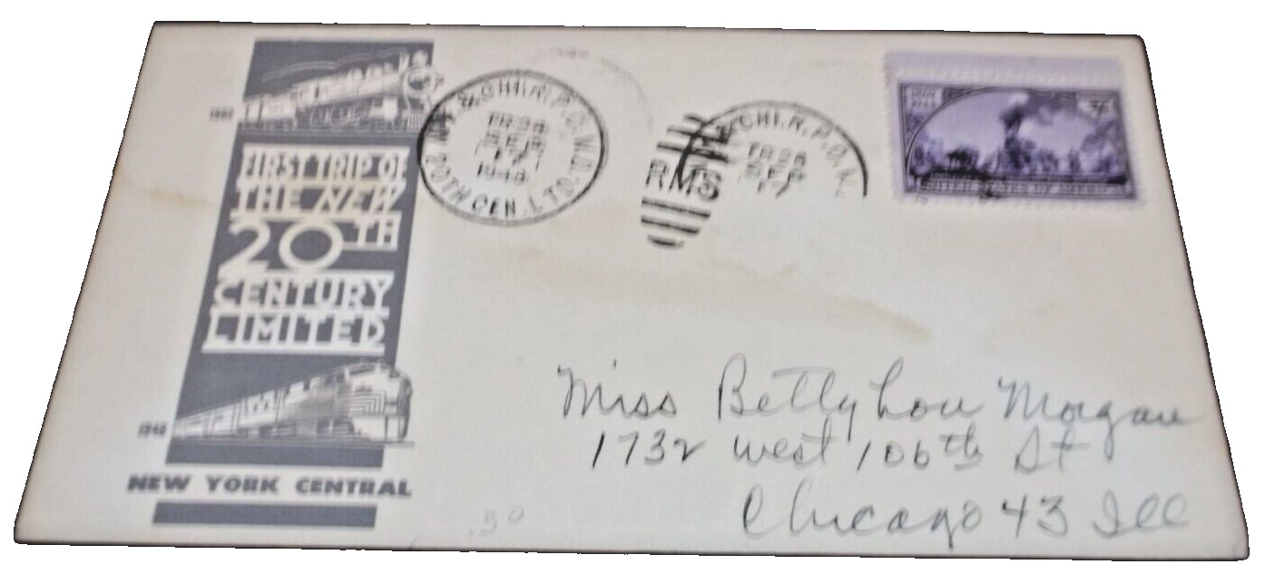 SEPTEMBER 1948 NEW YORK CENTRAL NYC NEW 20th CENTURY LIMITED ENVELOPE CACHE H