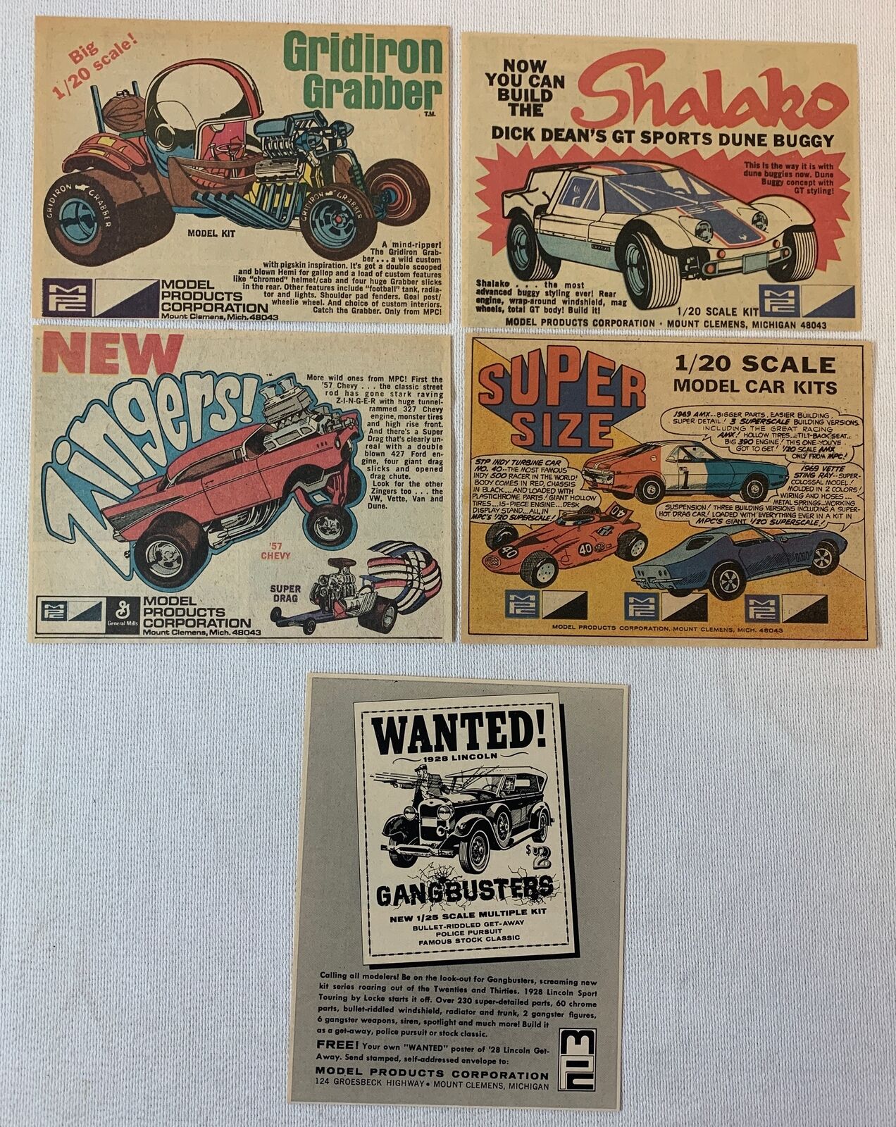 lot of five 1960s-70s MPC model ads ~ Gangbusters, Zingers, Shalako, more