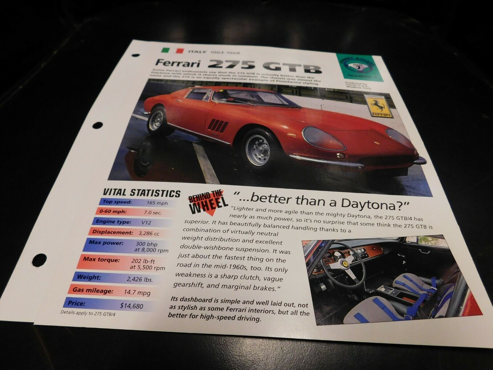 1964-1968 Ferrari 275 GTB Spec Sheet Brochure Photo Poster 65 66 67 