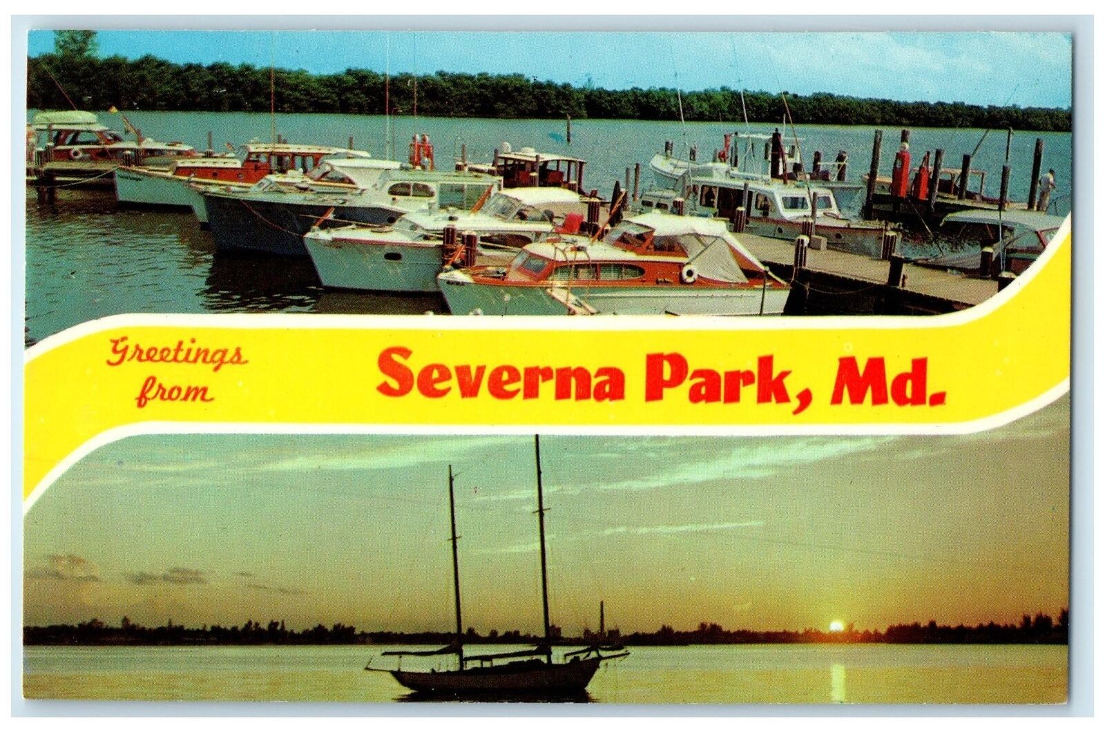 c1960's Greetings From Severna Park Maryland MD Unposted Yachts Harbor Postcard