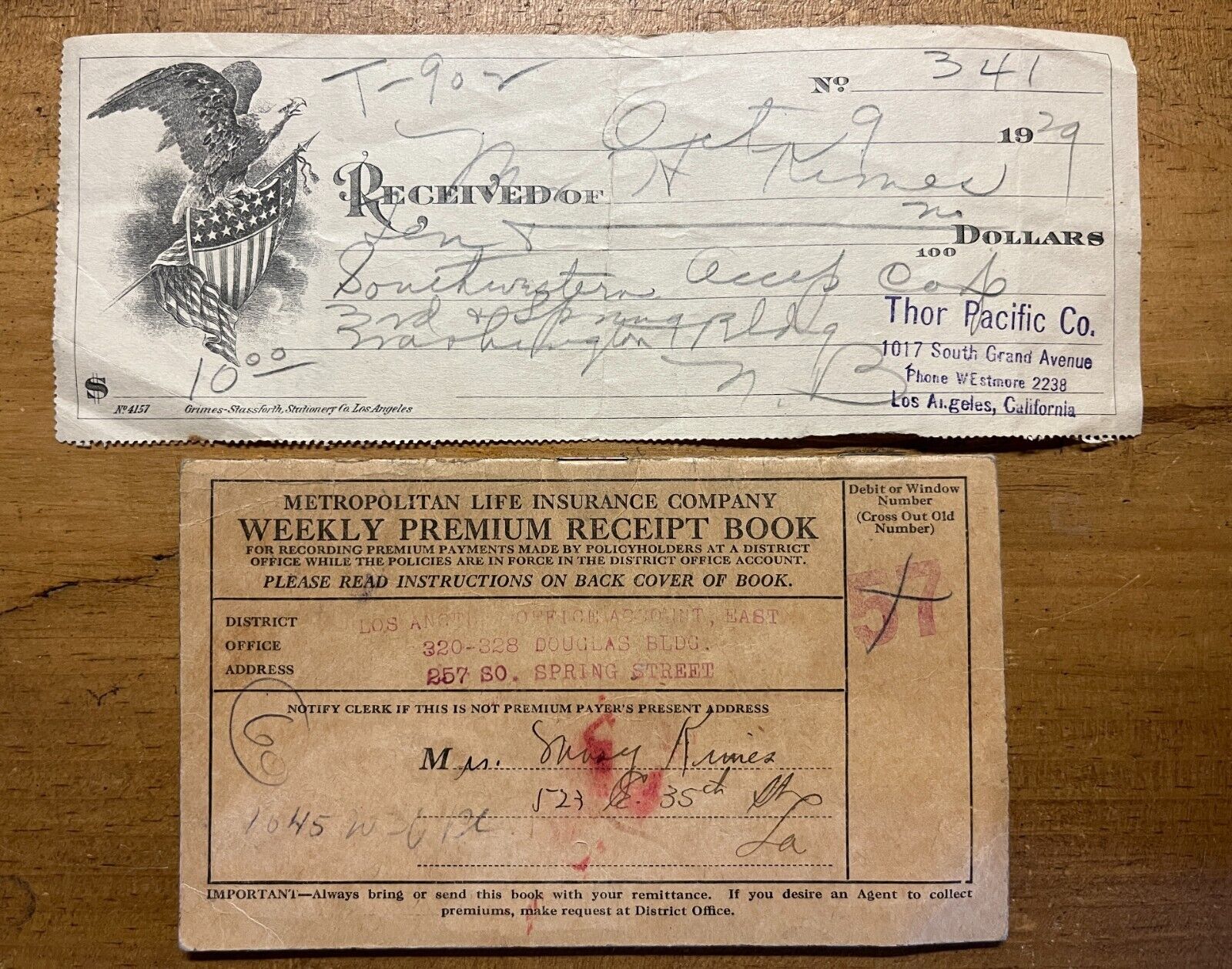 1929-36 Great Depression Era Documents--Receipt and Life Insurance (Kimes)