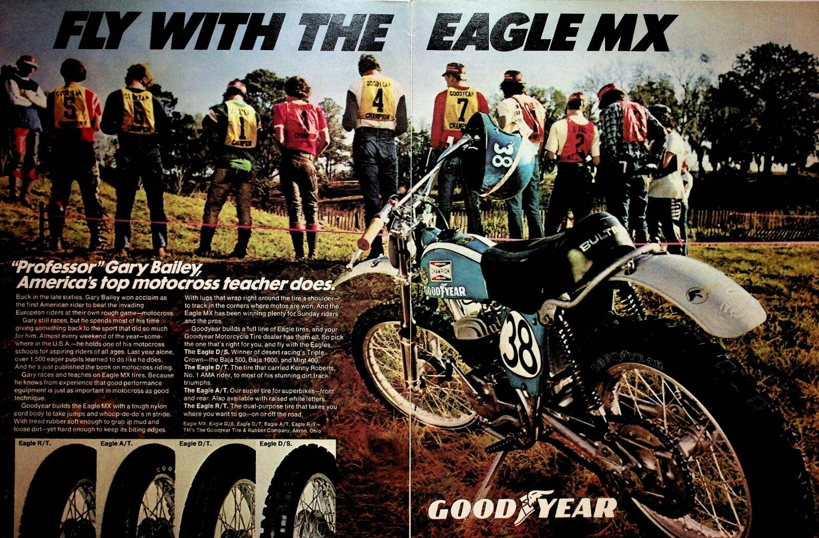 1974 Gary Bailey Motocross School Goodyear Tires - 2-Page Vintage Motorcycle Ad