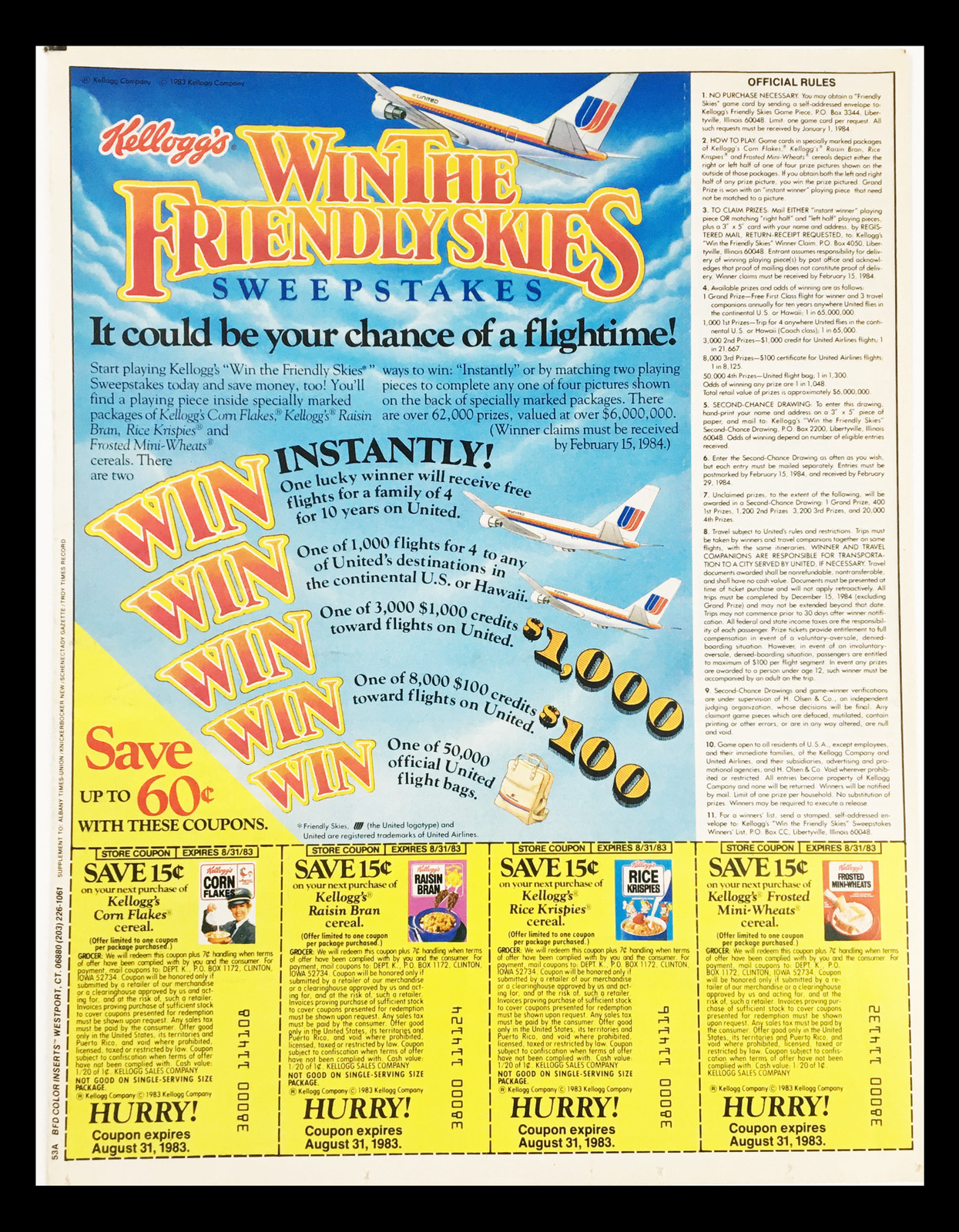 1983 Kellogg's Win The Friendly Skies Sweepstakes Circular Coupon Advertisement