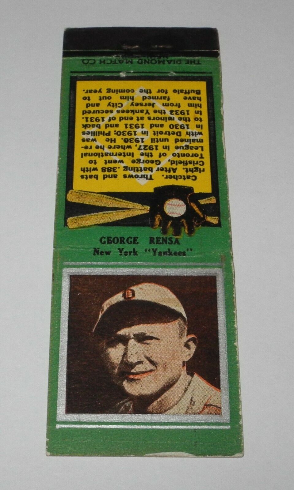 1934 Diamond Matchbook Baseball Silver Border Pin George Rensa New York Yankees