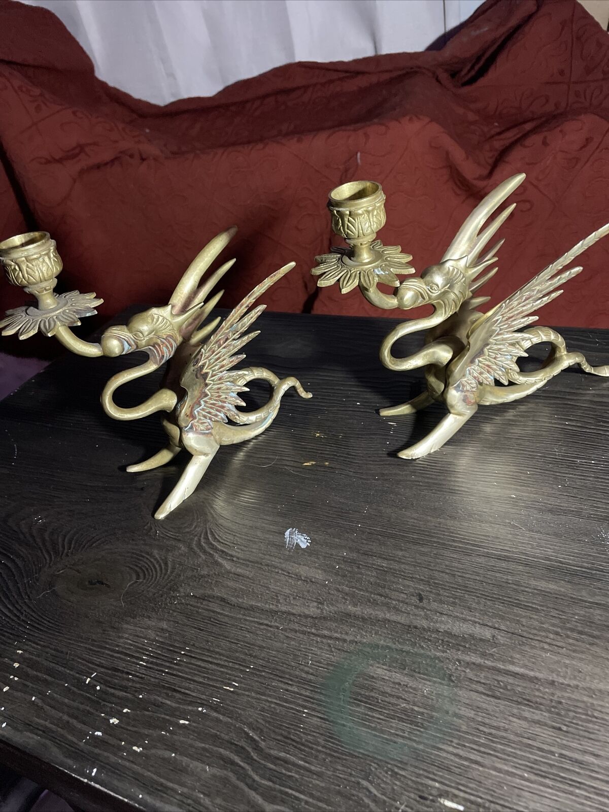 pair of vintage solid brass griffon/phoenix candlestick holders