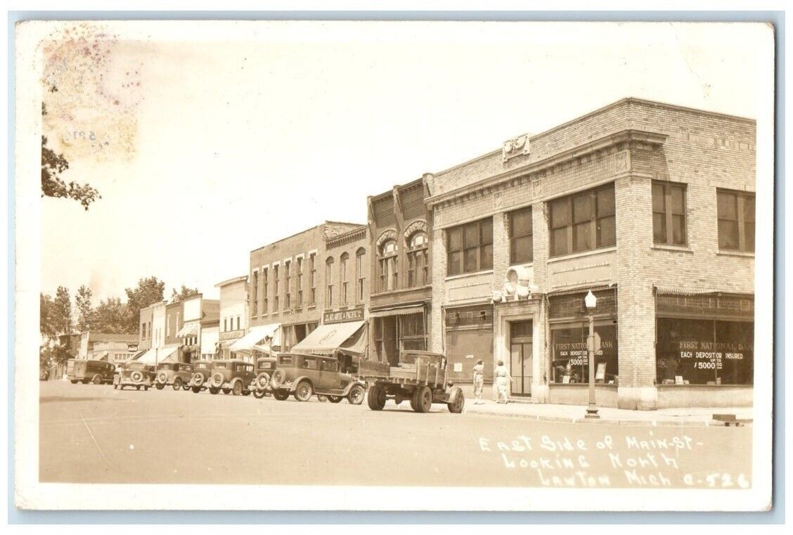 c1940's East Side Main Street First National Bank Lawton MI RPPC Photo Postcard