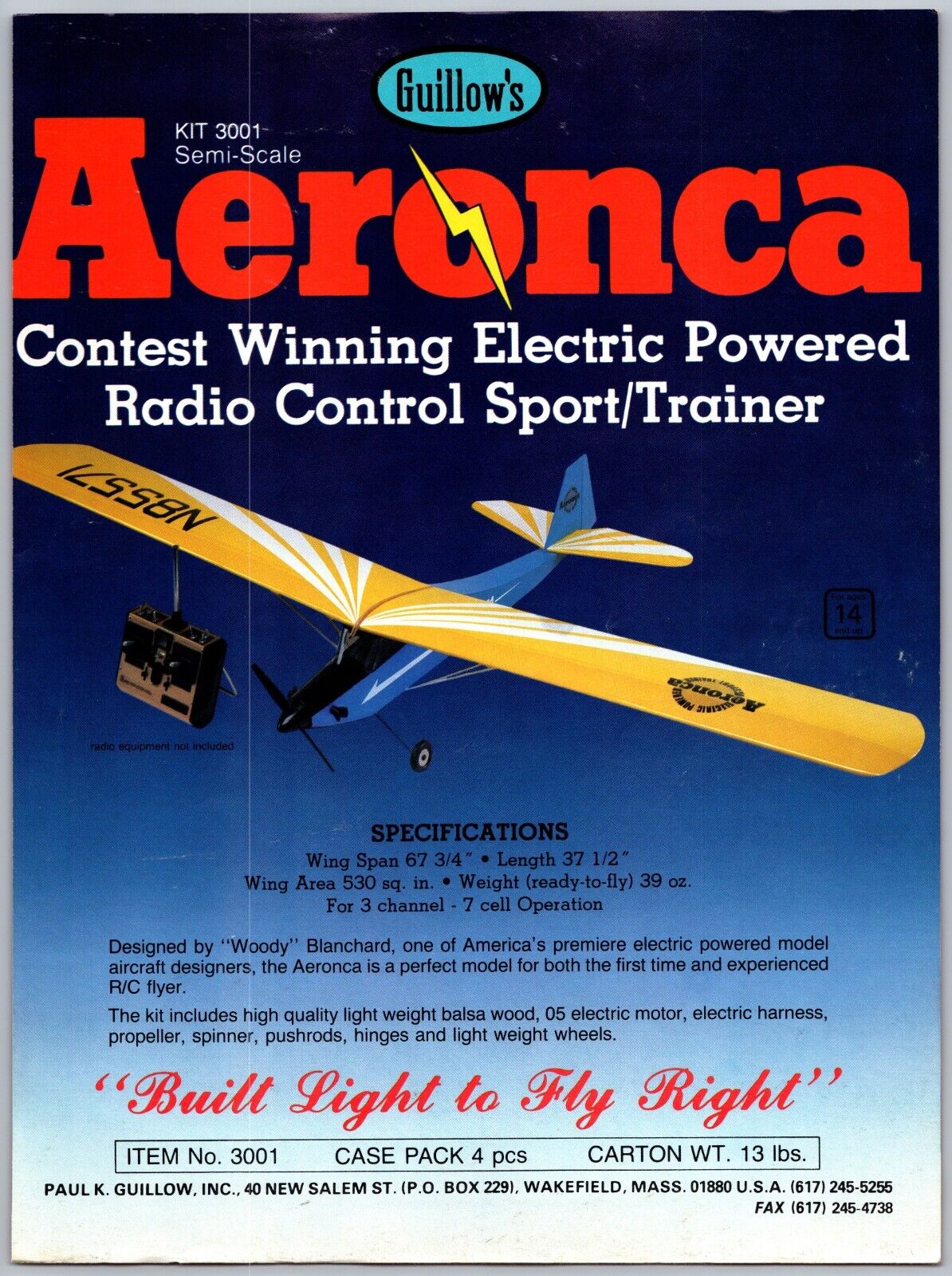 Guillow\'s Aeronca Electric Powered Trainer Vintage April 1989 Full Page Print Ad