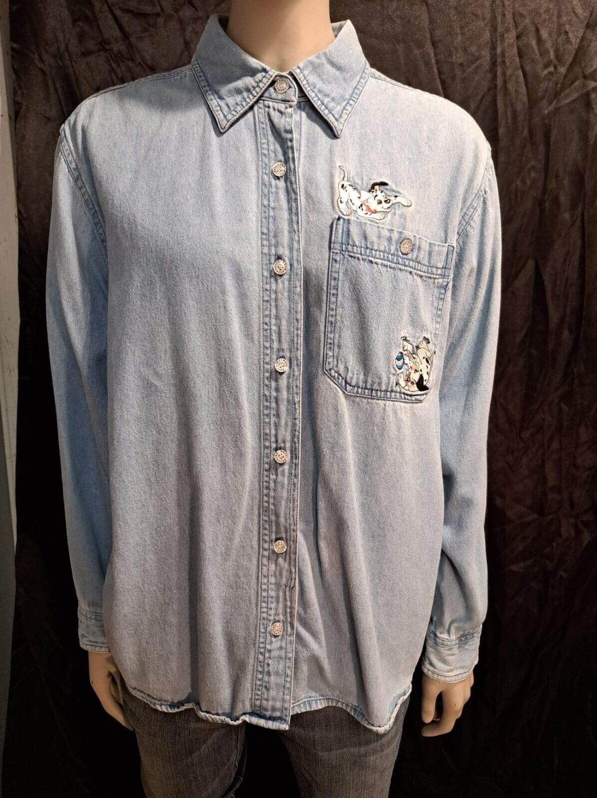 Vtg Disney Store Embroidered Denim Shirt Women\'s Sz M Blue 101 Dalmations