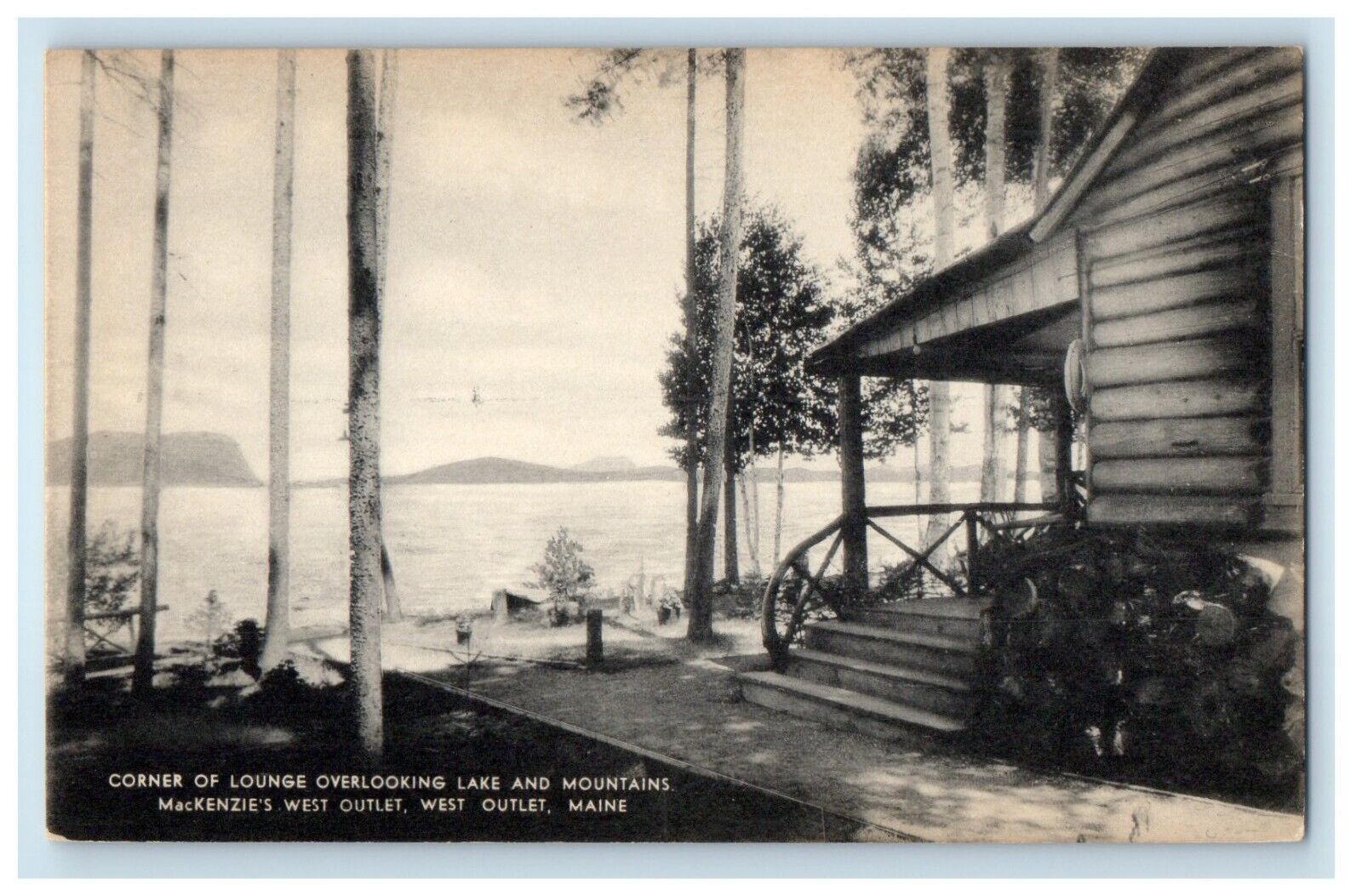 c1940\'s Corner On Lounge Overlooking Lake And Mountains West Outlet ME Postcard
