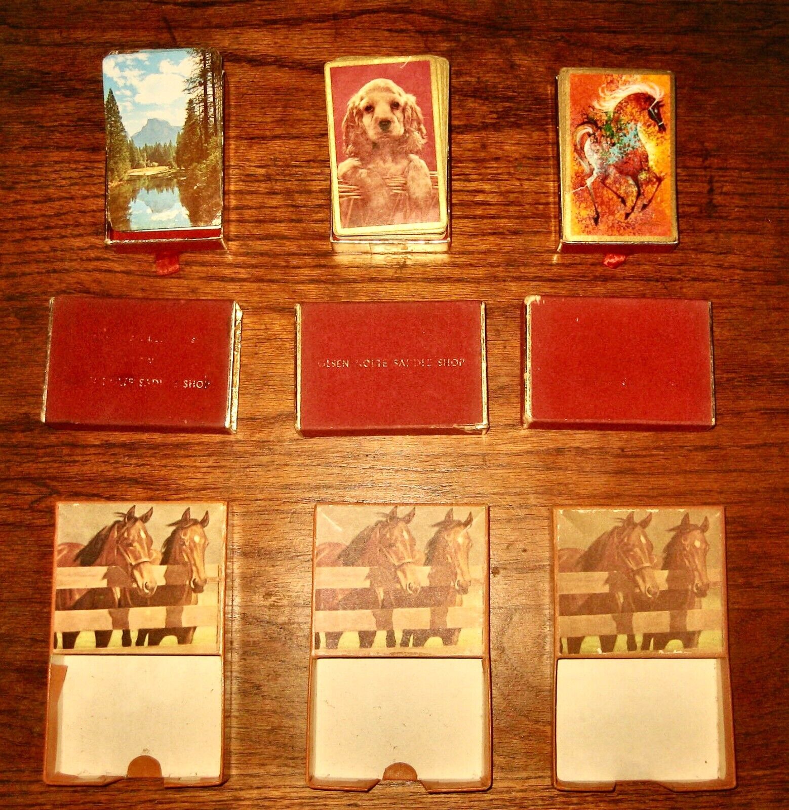 Olsen Nolte Saddle Shop ~ 3 Old Playing Card Decks + 3 Empty Horse Note Holders