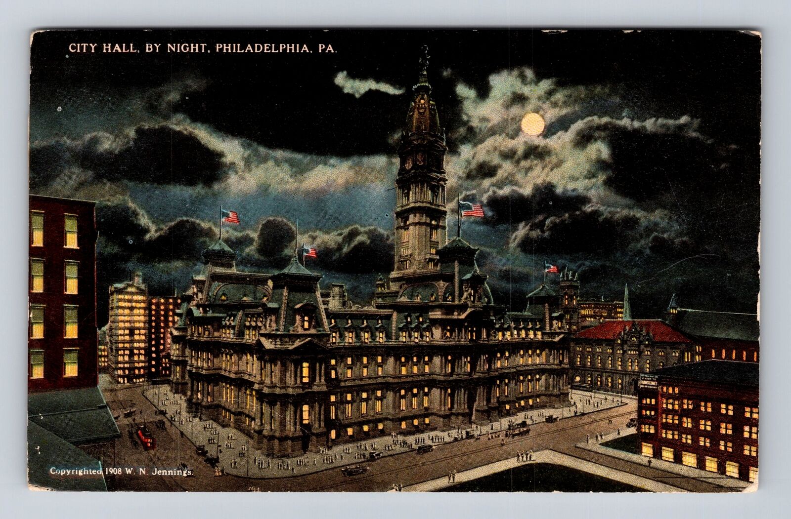Philadelphia PA-Pennsylvania, City Hall By Night, Antique Vintage Postcard