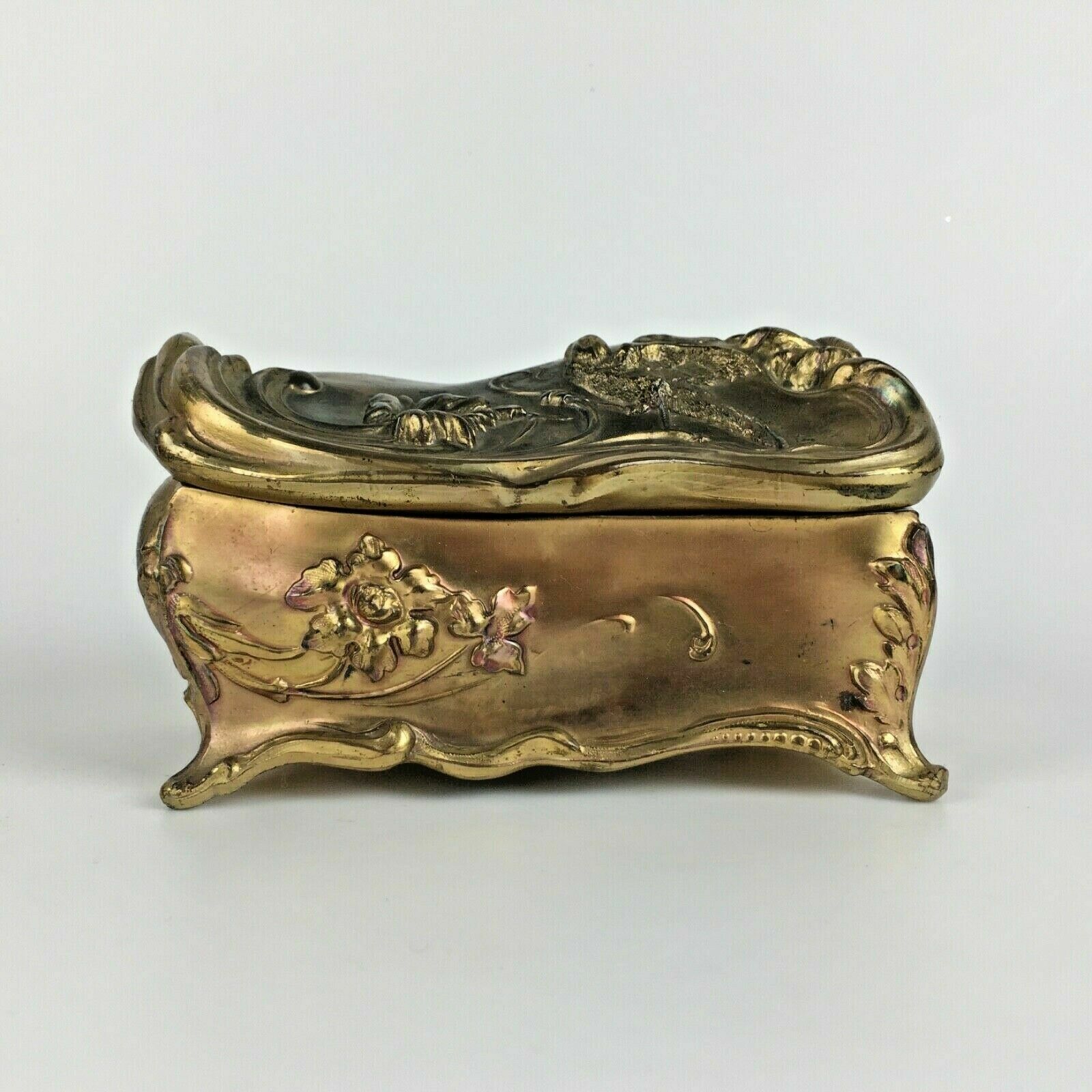 Antique Victorian Art Nouveau Jewelry Casket Box Gold Tone Flower Bird Silk Gift