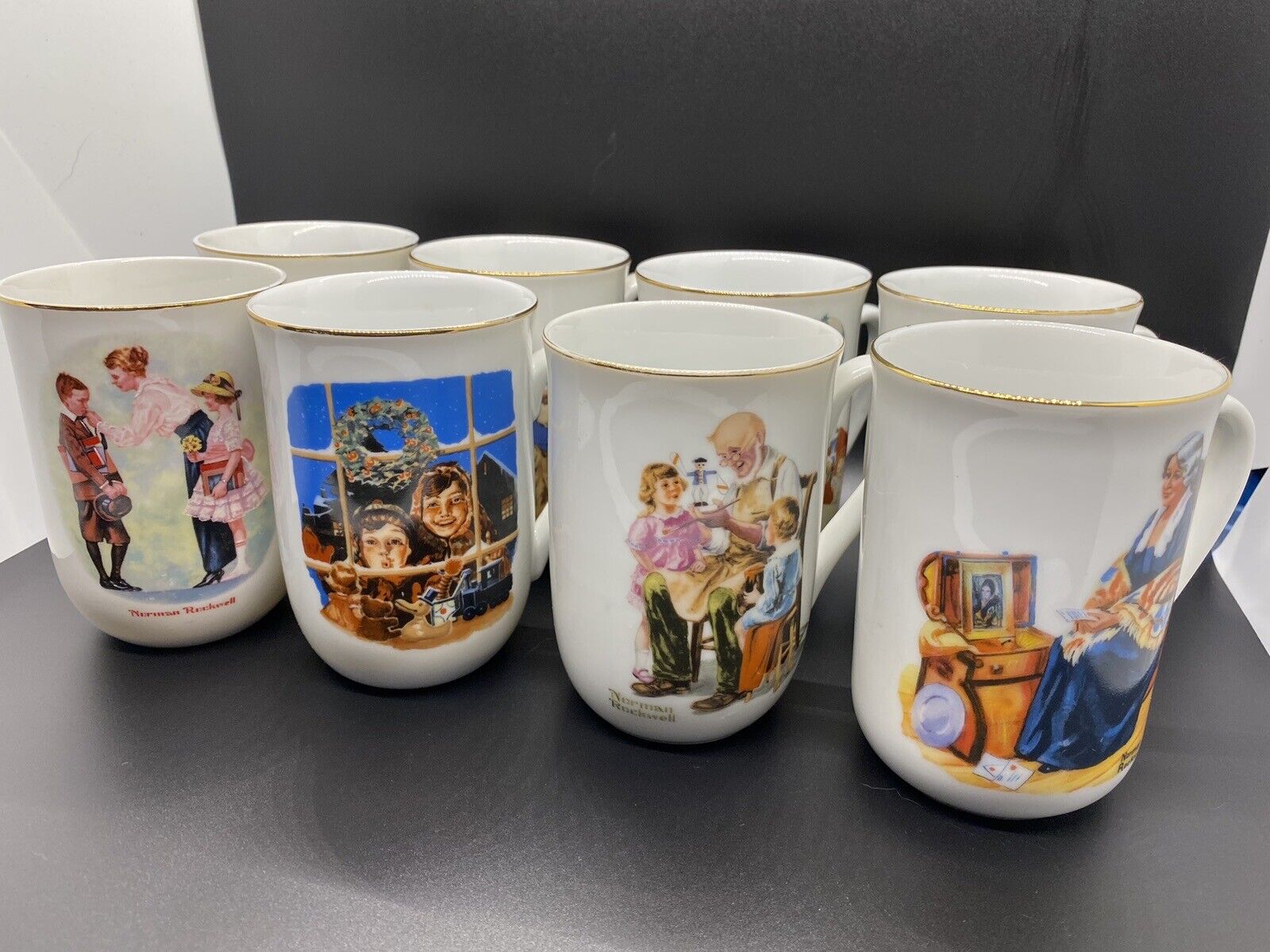 Norman Rockwell Museum Coffee Mugs Set 8 Vintage 1982-1987 Gold Trim Excellent