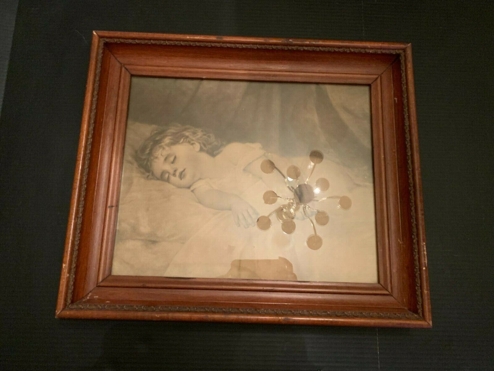 Antique Sleeping Girl Child Print In Ornate Wooden Frame