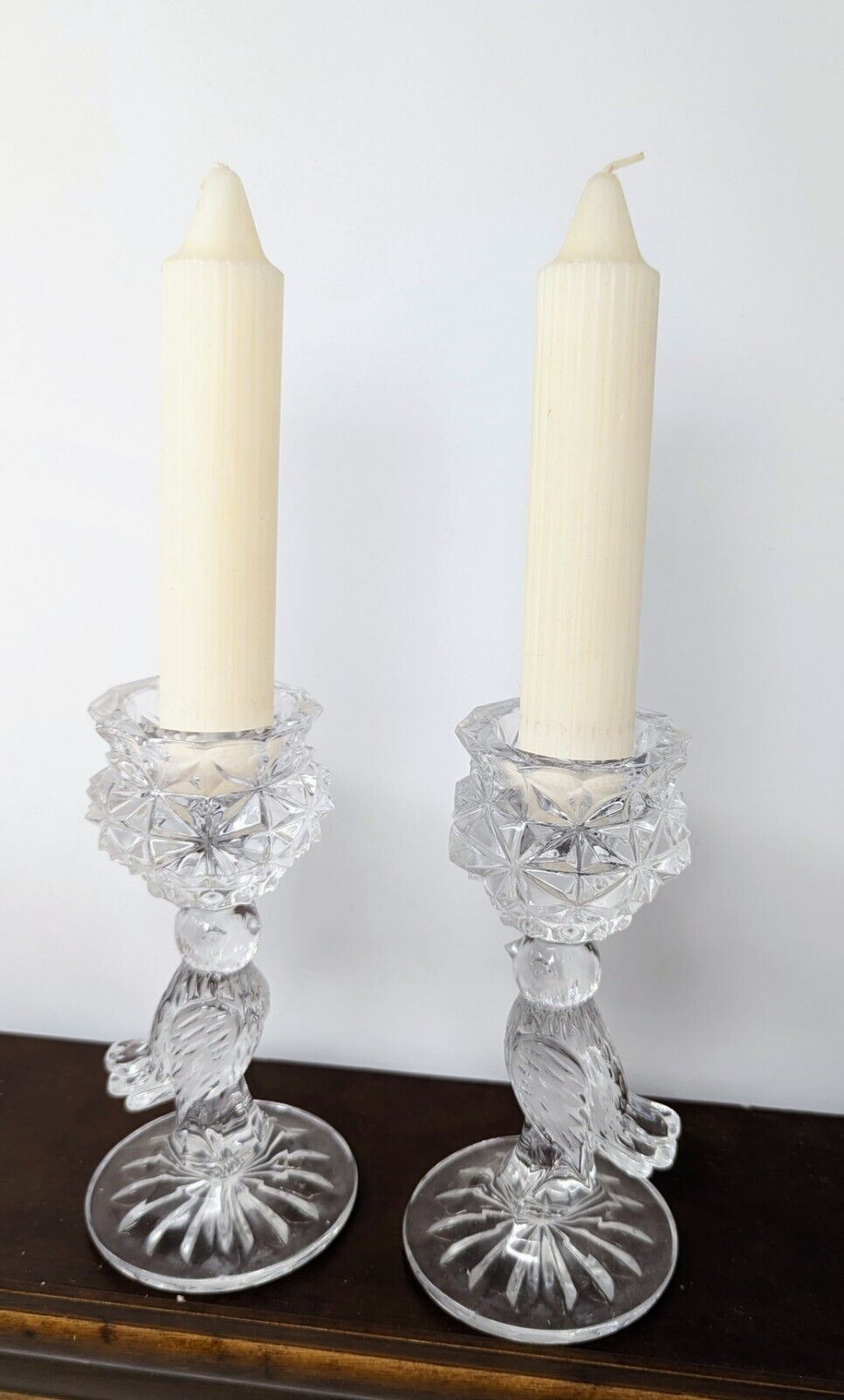Hofbauer Clear Cut Crystal Pedestal Birds Candlestick Holders-Set of 2-Vintage