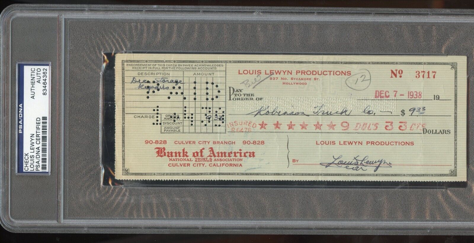 Louis Lewyn signed autograph Bank Check Producer Mary of the Movies PSA Slabbed