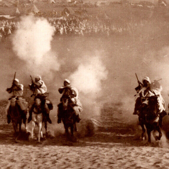 Vintage RPPC Historic Scene Soldiers Horses Rifle Gun Shoot Postcard Morocco