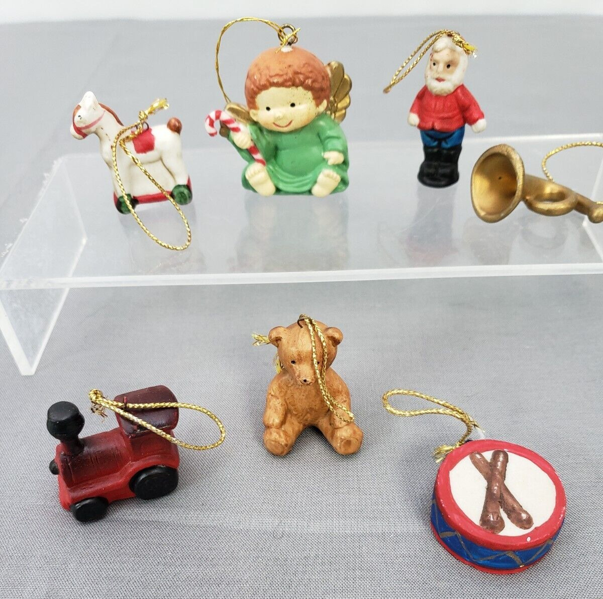 7 Vintage Miniature Christmas horn, Santa, and Angel, horse Ornaments 1.5in-2in