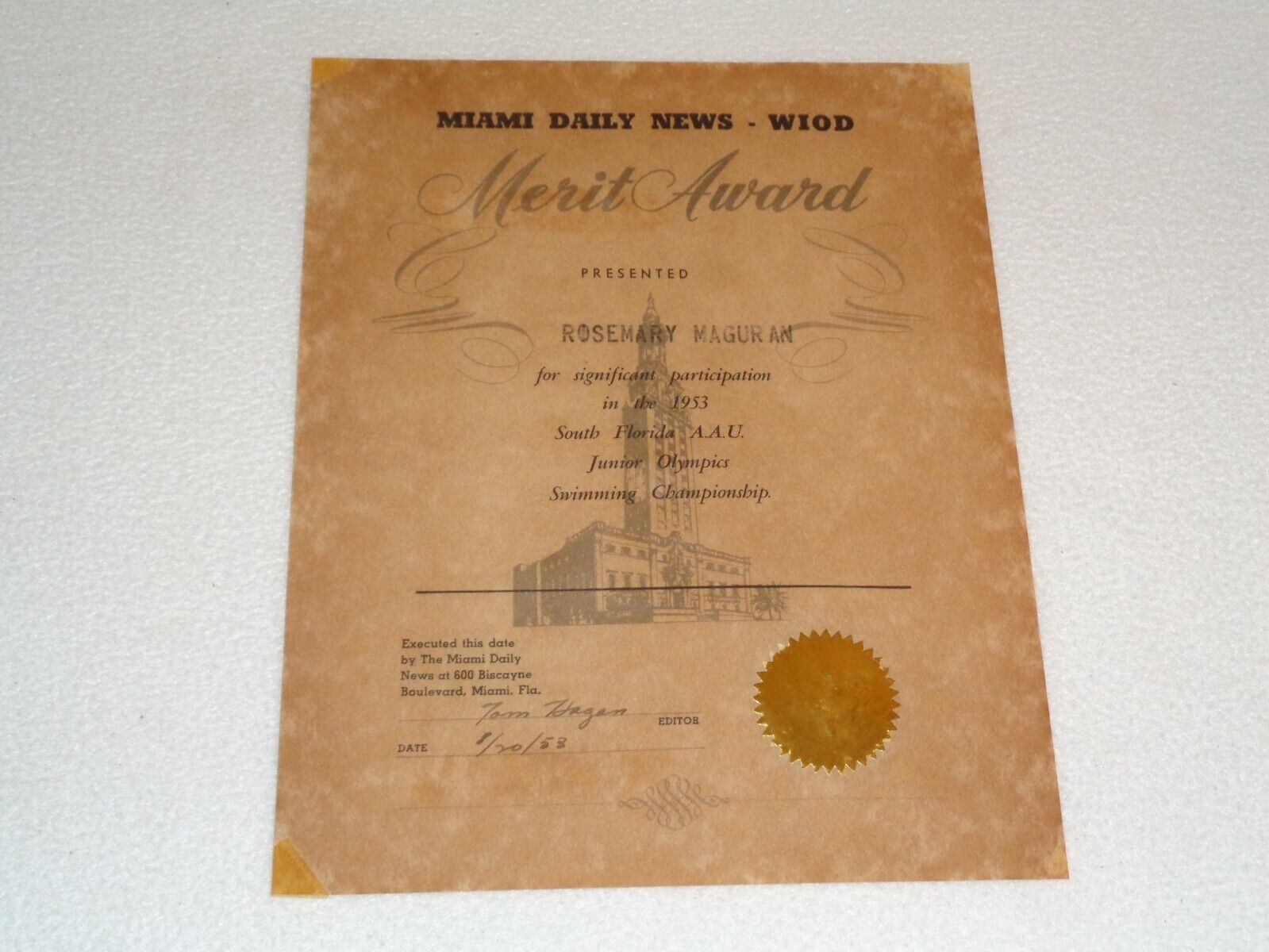 1953 Miami Daily News WIOD Radio AAU Junior Olympics Swimming Award Certificate