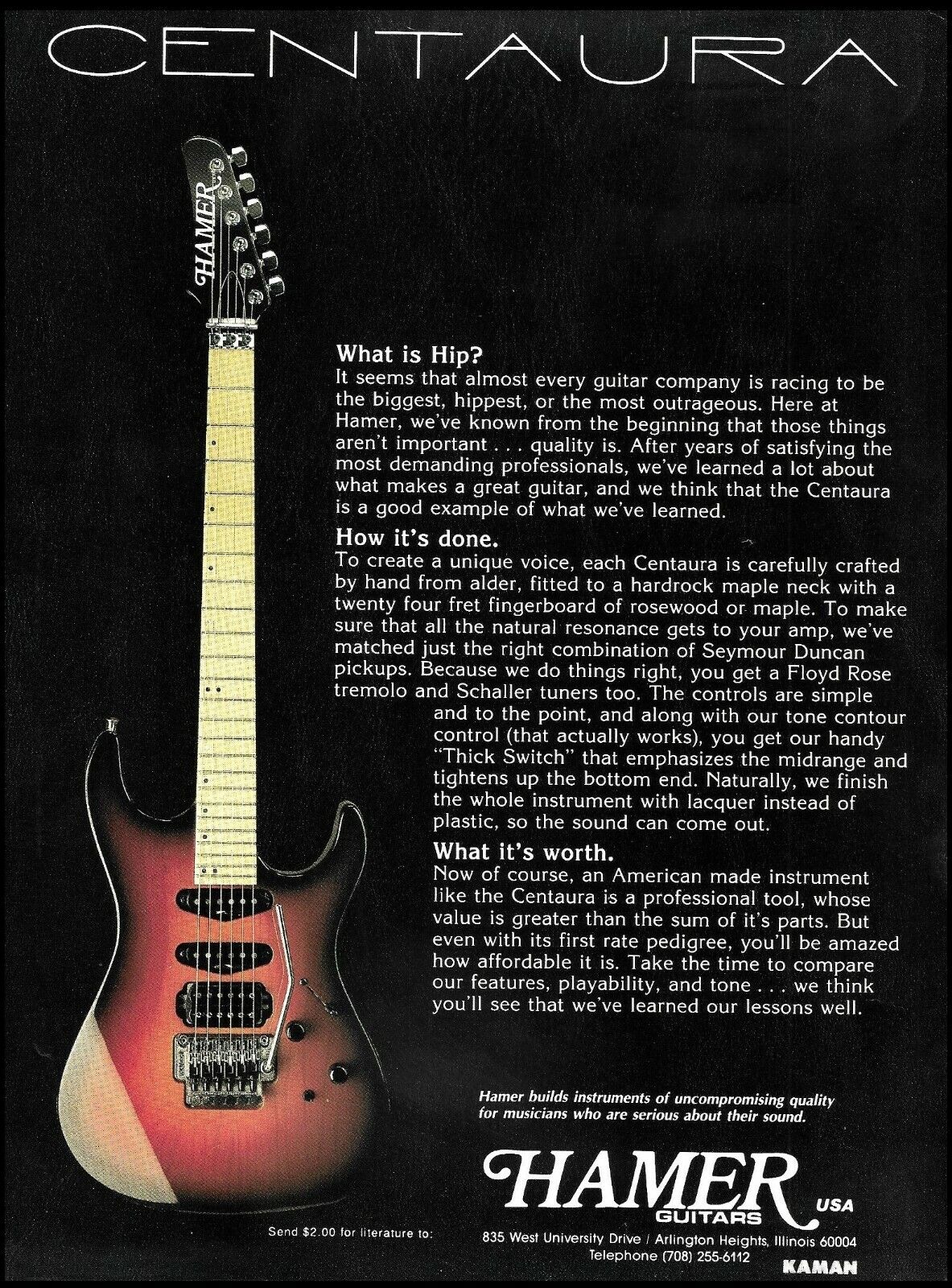 Hamer Centaura Series Sunburst electric guitar 1990 advertisement 8x11 ad print