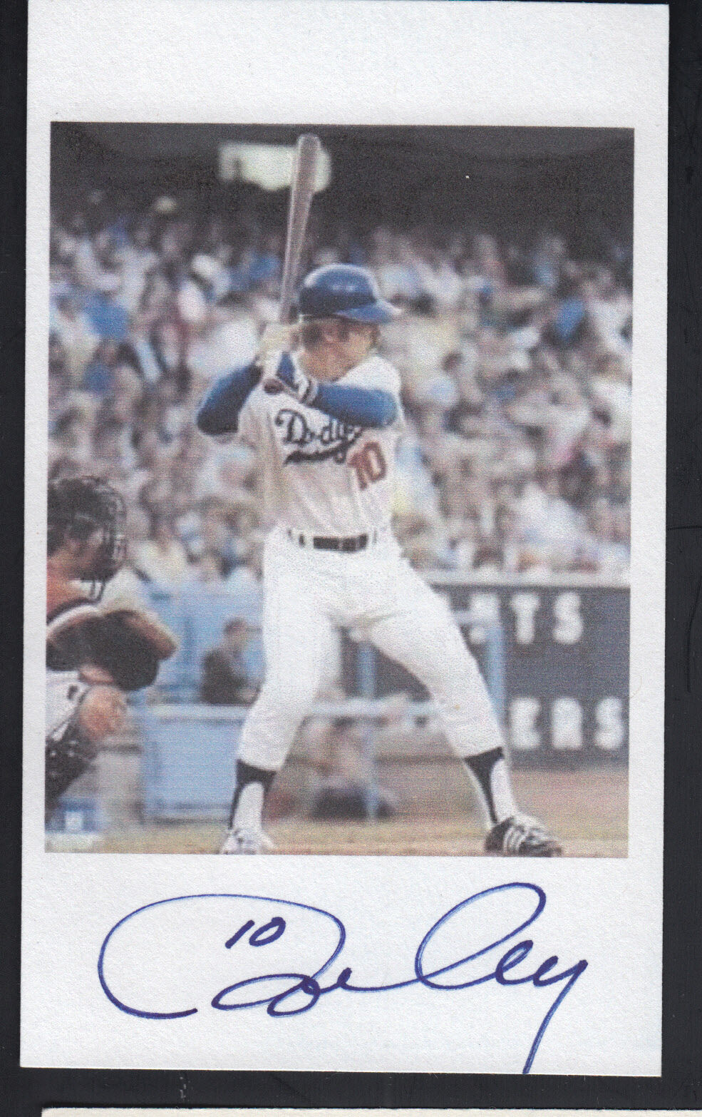 Ron Cey Autographed 3x5 Index card with Color LA Dodgers Photo