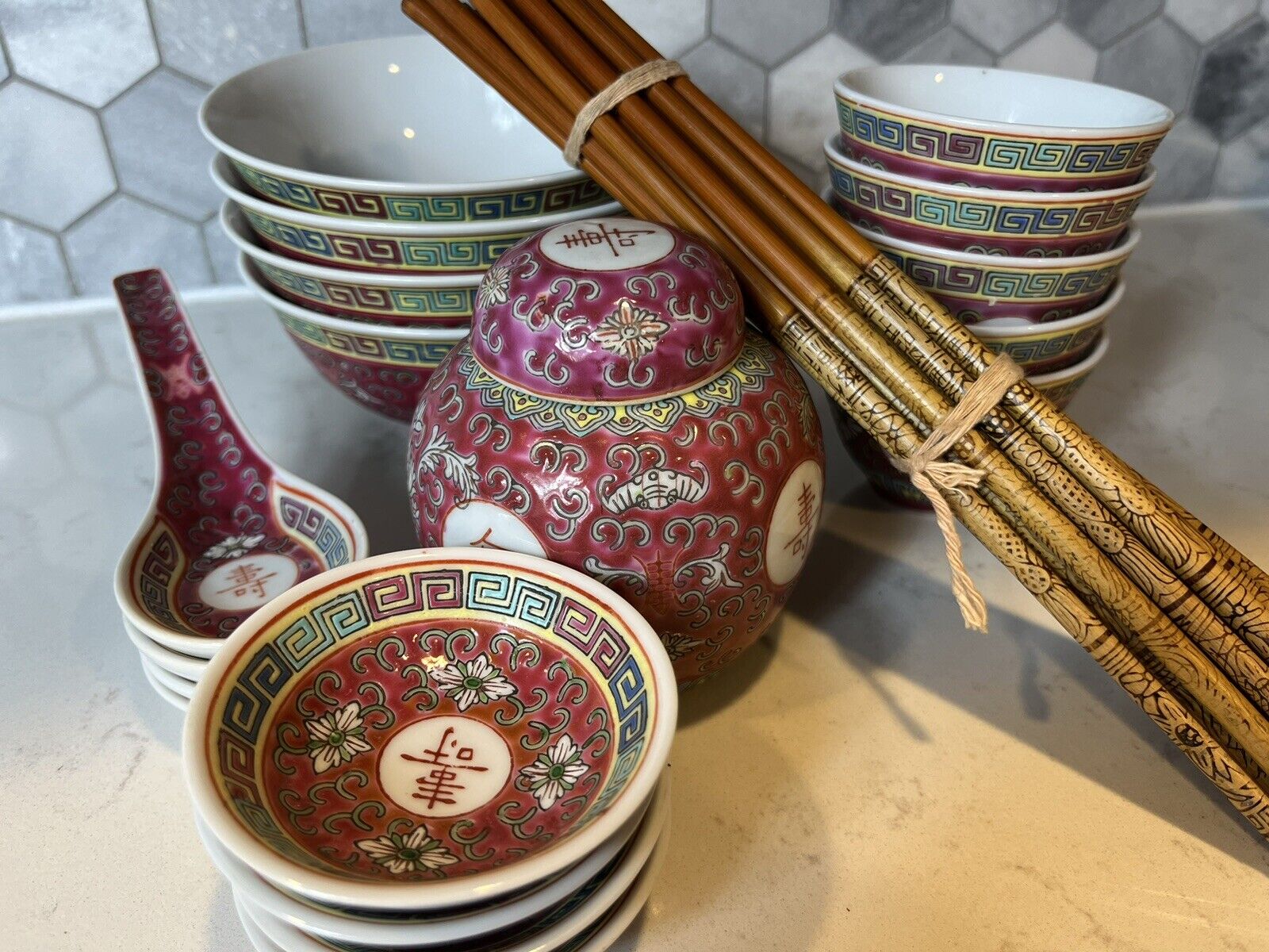 Rare Vintage Chinese Famille Rose Setting For 4 Plus Ginger Jar, 20 Chopsticks