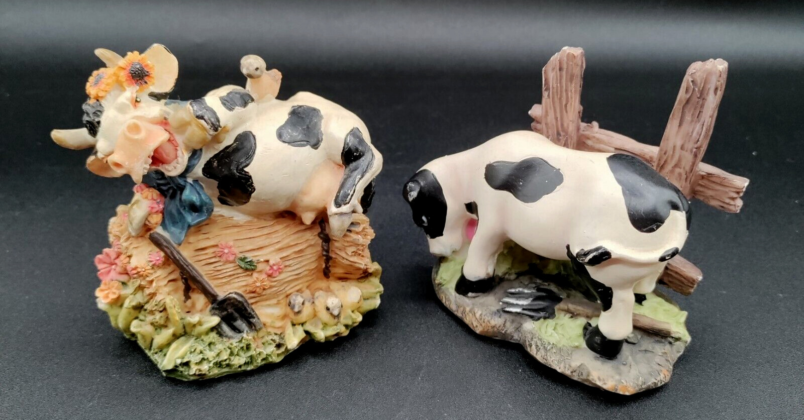 Vintage Cow Figurine Lot Smiling Cow with Bird & Cow by Fence