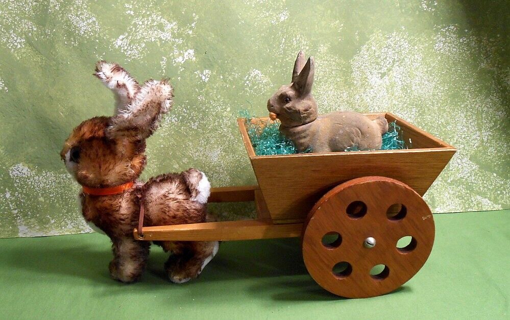 Germany Steiff Easter Bunny Rabbit Pulling Wood Cart w/ Rabbit Candy Containter