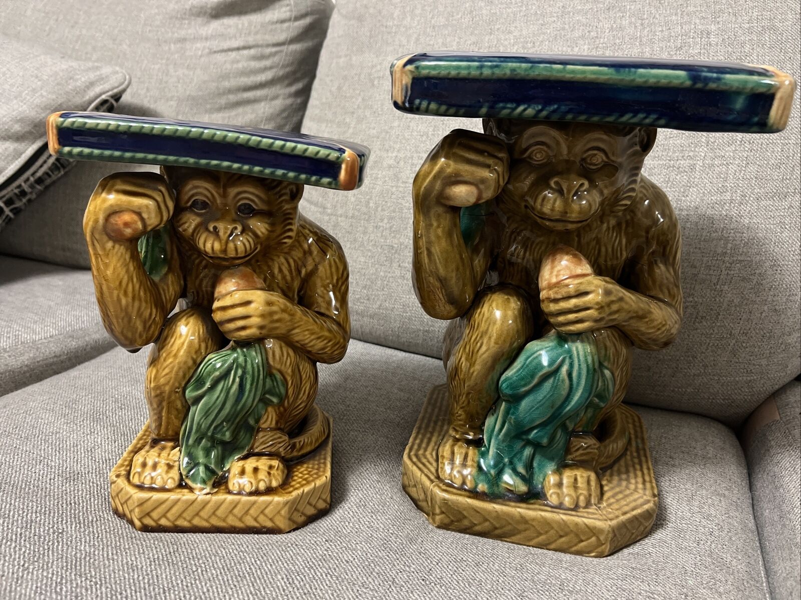 VINTAGE 1950\'s Pair of Dimuniutive Monkey Form Ceramic Plant Stands