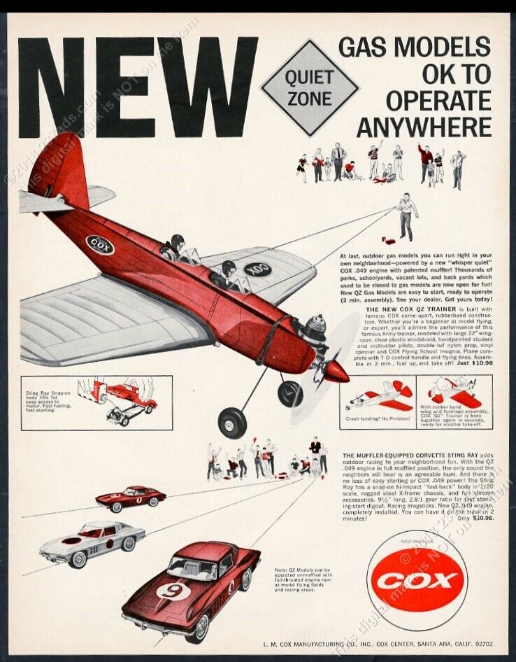 1966 Cox .049 engine QZ Trainer plane Corvette Sting Ray photo vintage print ad