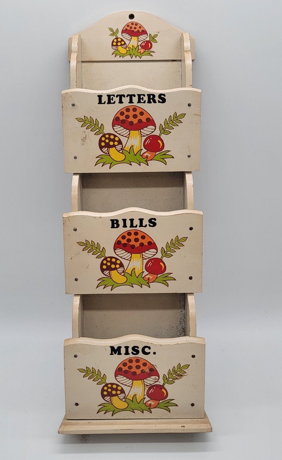 Vintage Merry mushroom wood letter holder kitschy 1978 Sears Roebuck 