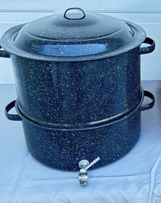 Black Speckled Enamelware Lobster Clam Steamer Broth Lg Double Pot with Spigot