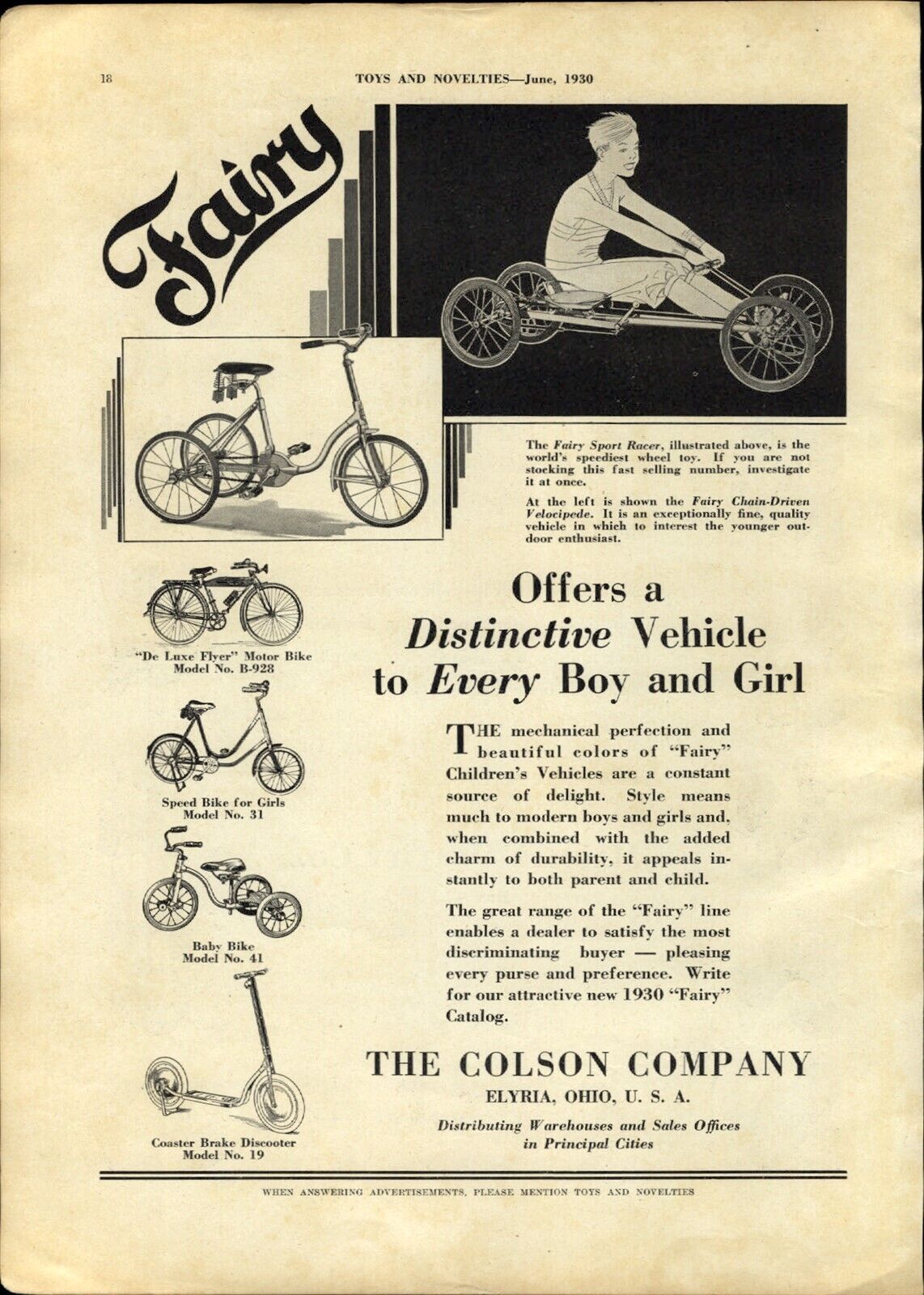 1930 PAPER AD Toy The Colson Fairy Sport Racer Irish Mail Deluxe Flyer Bicycle
