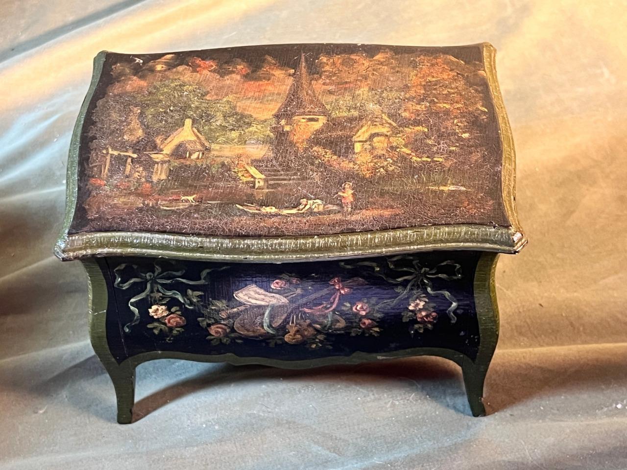 Old Miniature Chest Furniture Jewelry Chest Box Oil Painting Landscape & Flowers