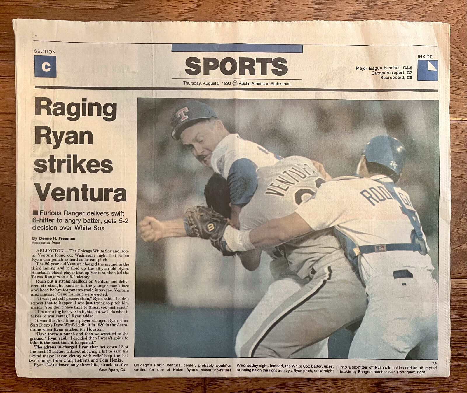 Nolan Ryan v Robin Ventura - Austin American-Statesman Newspaper Aug 5, 1993 HOF