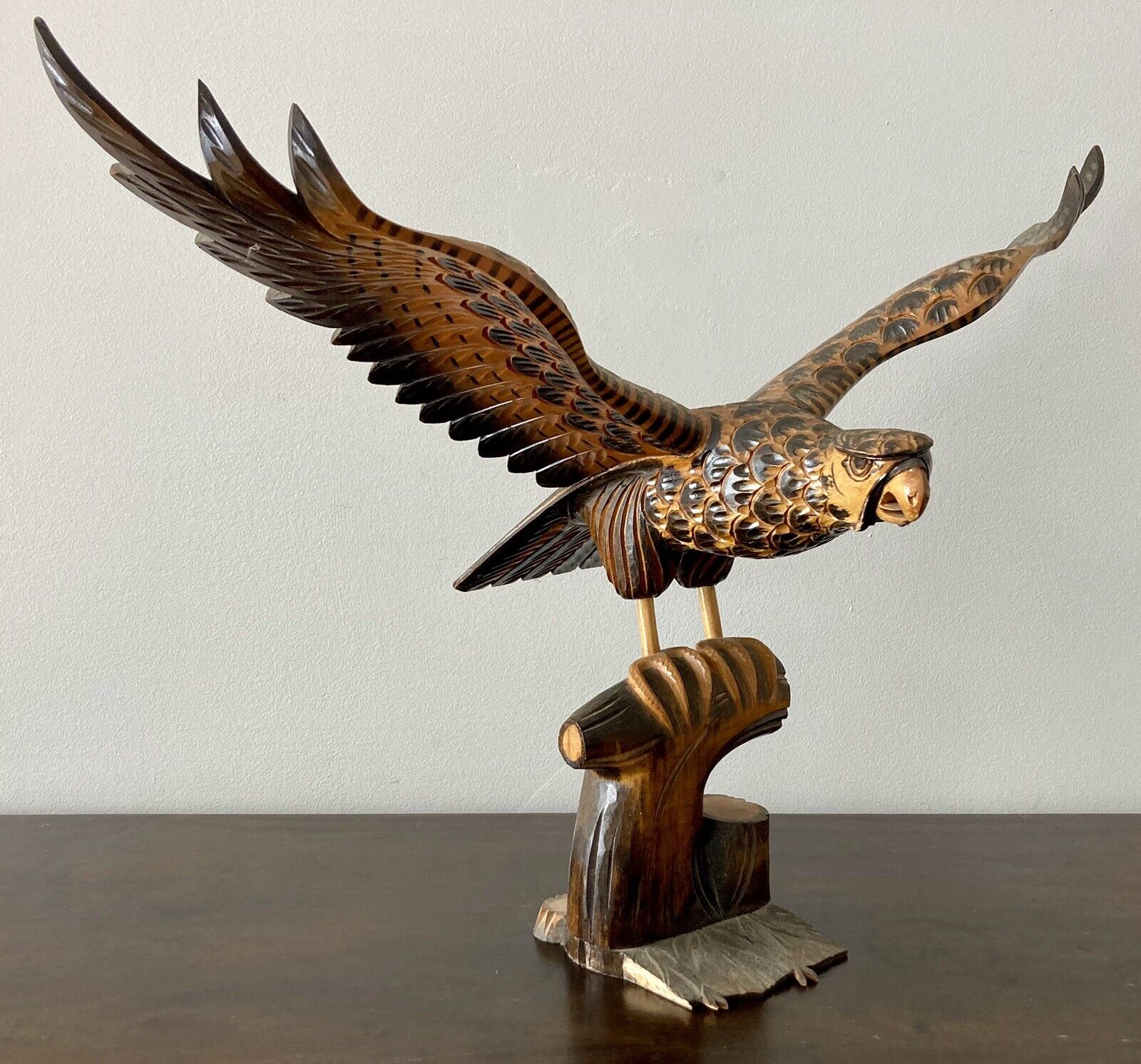 VTG Hand Carved Wood Eagle Hawk Large Sculpture Origins Unknown - Dramatic