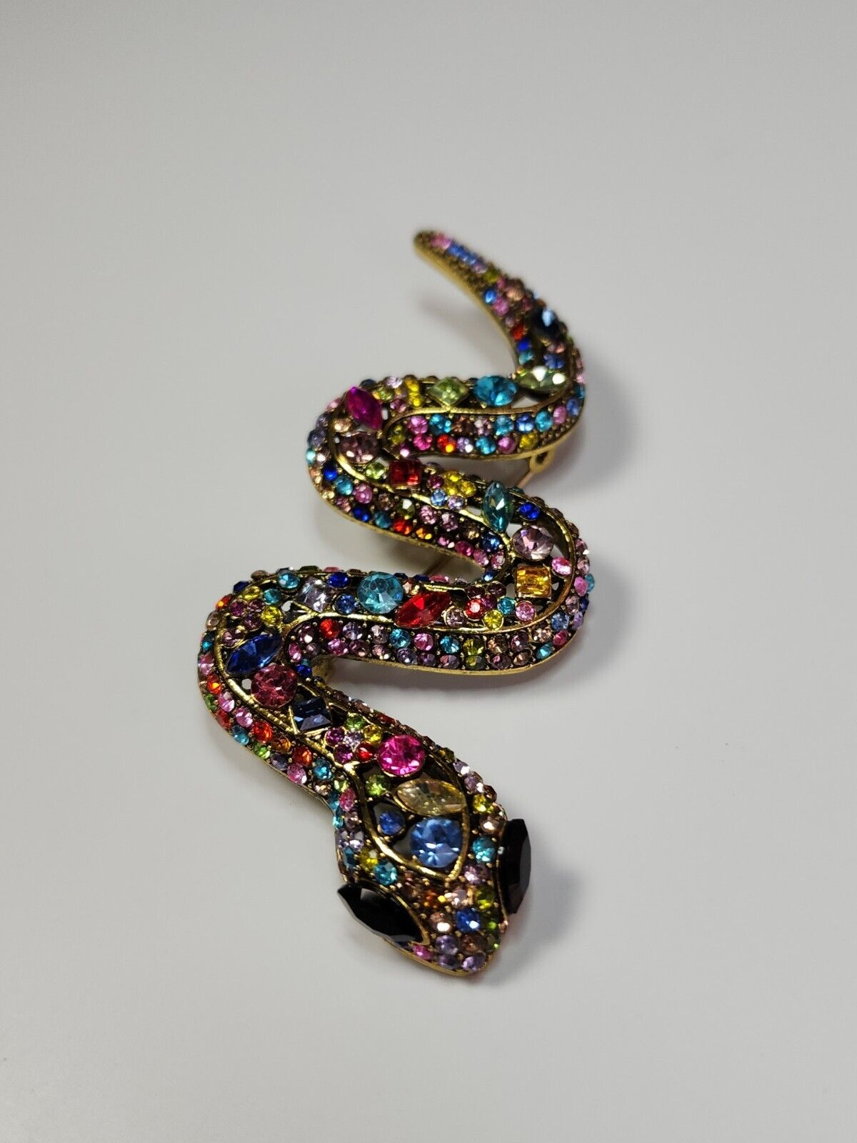 Sparkling Multi-Color Snake Brooch Lapel Pin Large Size Faux Jewels *