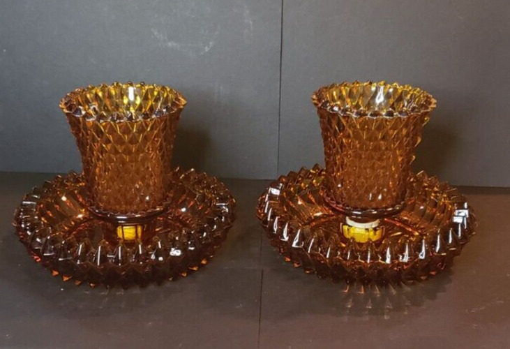 Vintage Federal Glass Amber Votive Set 4 piece Diamond Point