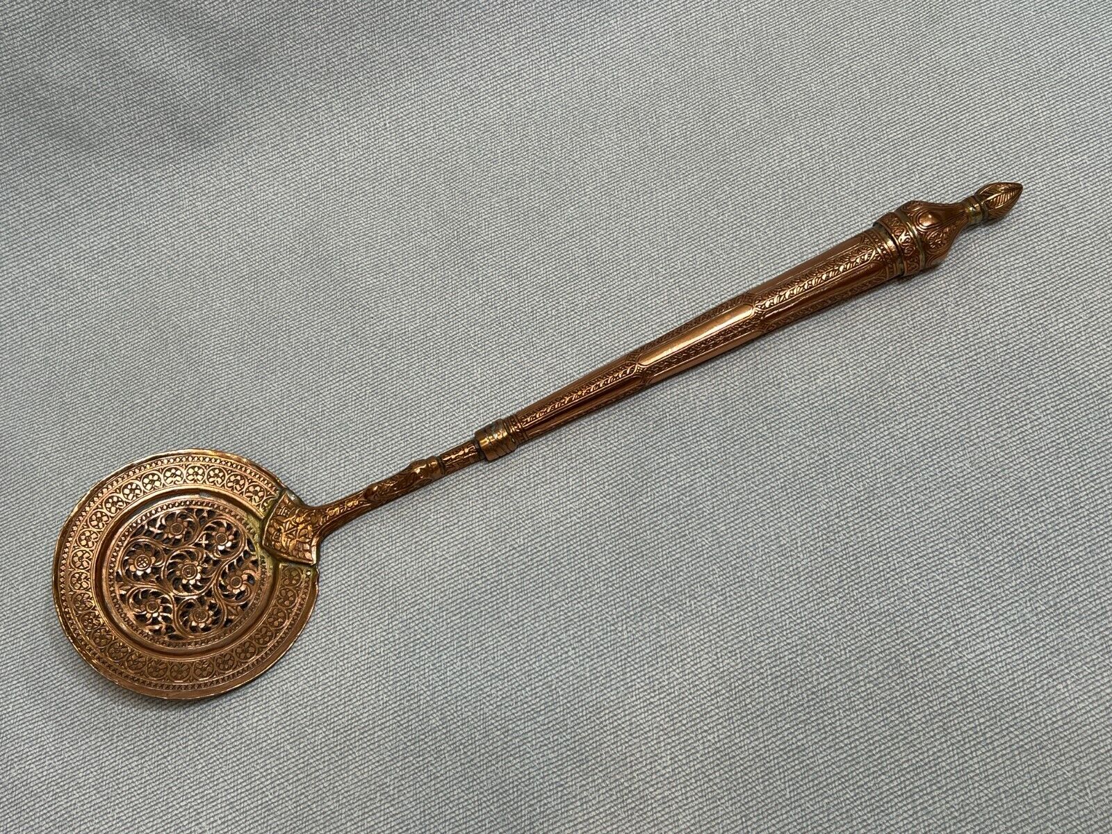Vintage Middle East India Hand Chased Heavy Copper Utensil Skimmer, 20 1/2\