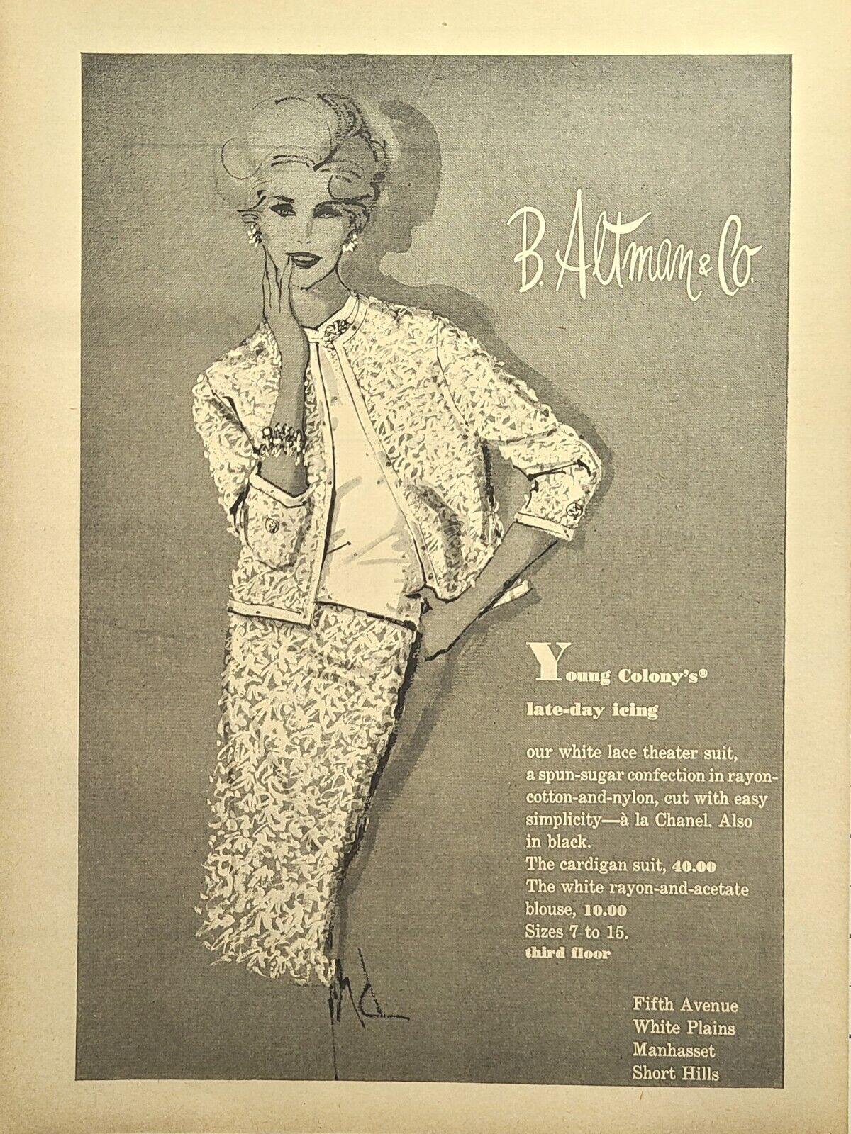 B. Altman & Co. White Lace Theater Suit Vintage Print Ad 1958