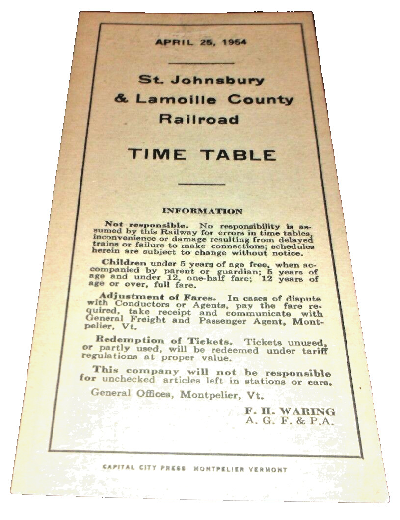 APRIL 1954 ST. JOHNSBURY & LAMOILLE COUNTY RAILROAD PUBLIC TIMETABLE