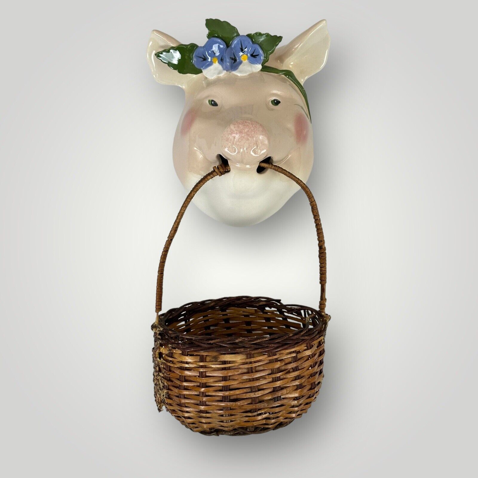 Vintage 1988 Sonya Magill Pottery Large Floral Pig Head Basket Hog Santa Cruz