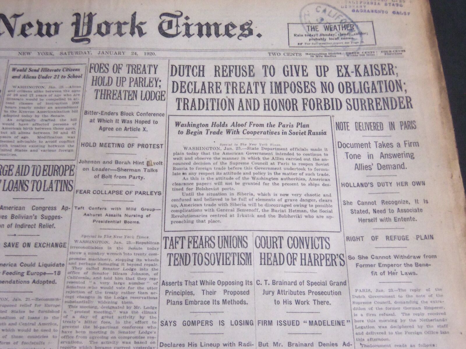 1920 JANUARY 24 NEW YORK TIMES - DUTCH REFUSE TO GIVE UP EX-KAISER - NT 6747
