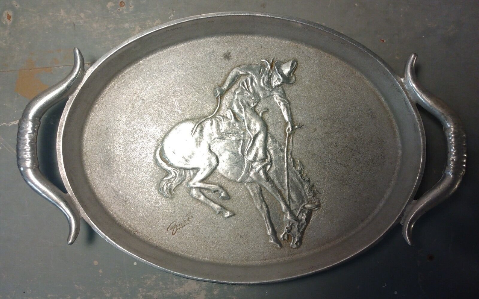 Scarce Vintage Bruce Fox Bucking Bronco Rodeo Cowboy Cast Aluminum Tray Plate