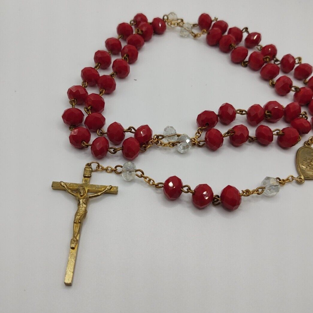 Vintage Red Crucifix Rosary Bead Necklace Good Condition