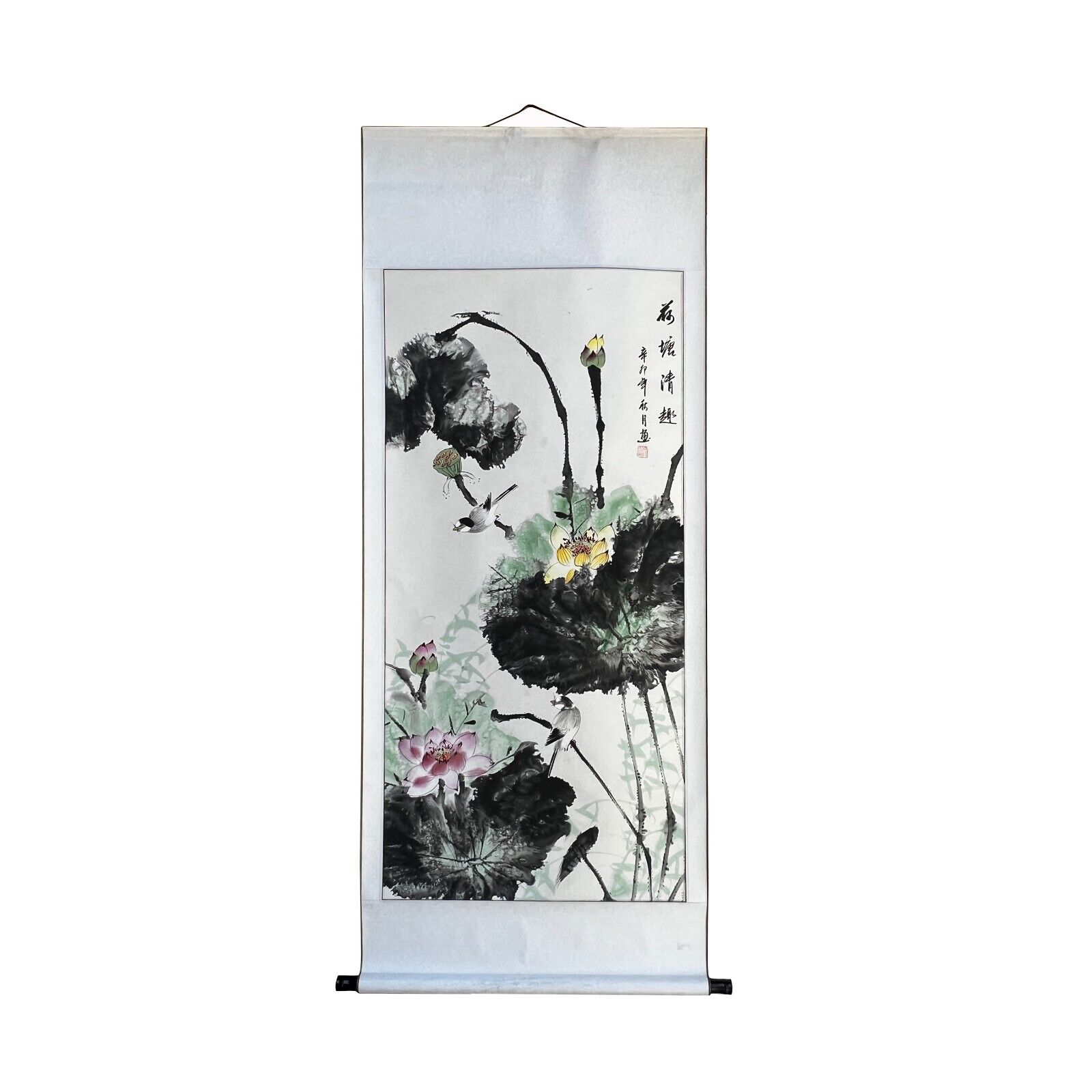 Chinese Color Ink Water Lotus Flowers Leaves Scroll Painting Wall Art ws3043