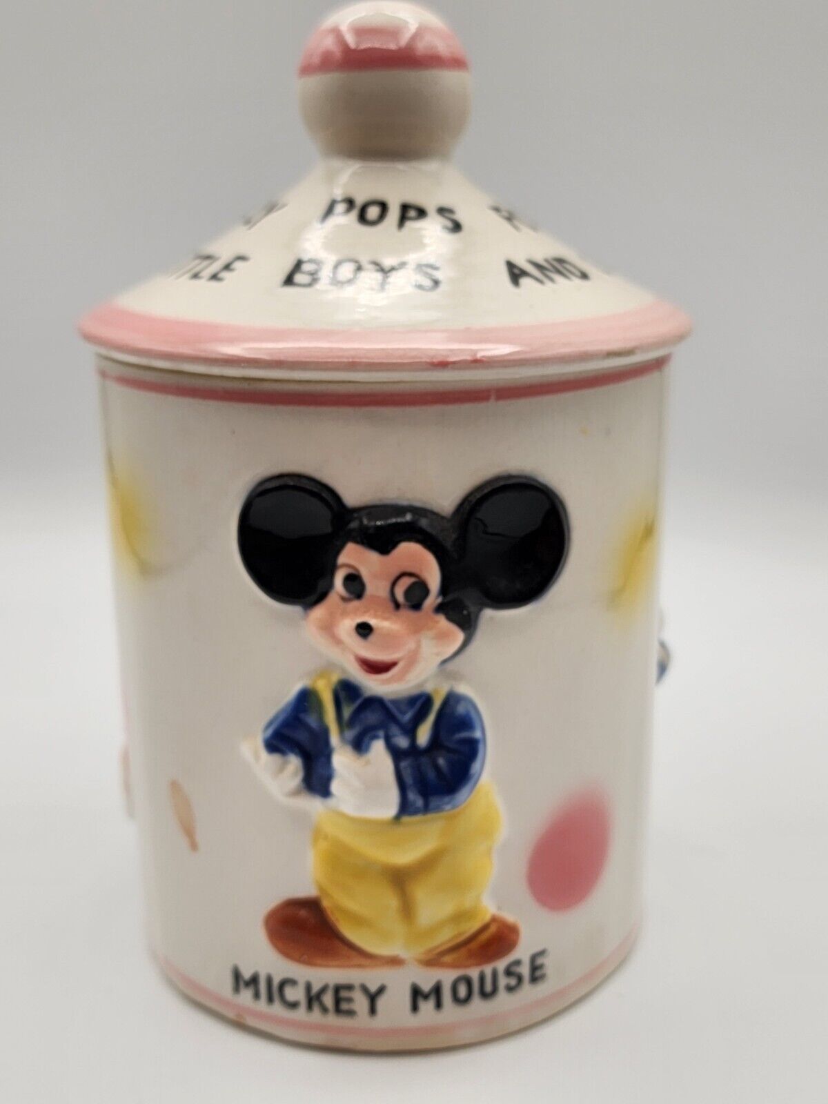 Rare 1961 Cookie Jar MICKEY MOUSE LOLLY POPS Donald Duck BRECHNER Pink Trim NICE
