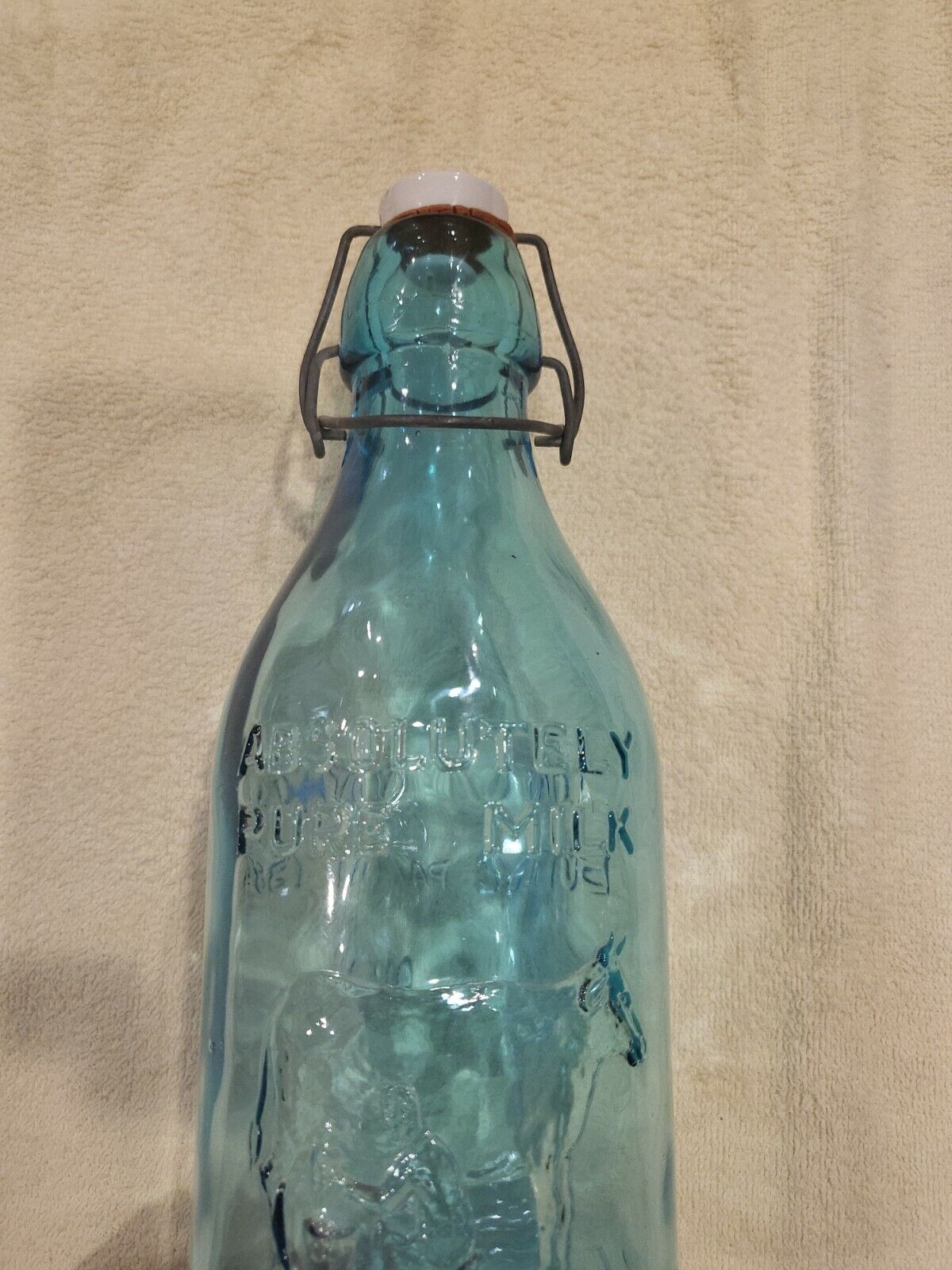 Vintage 1965 1 Quart Blue Milk Bottle Rubber Cork Thatchers Dairy AH
